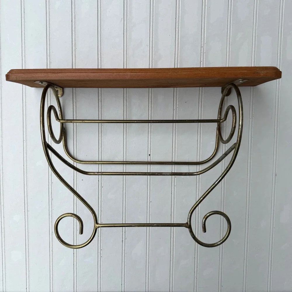 Vintage Wood Wall Shelf Ornate Brass Tone Scrollwork Metal Towel Rack 18 Inch